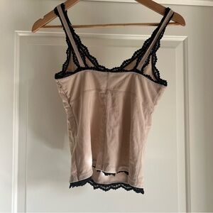 Lace-Trimmed Tank Top express. Light tan. Black lace.